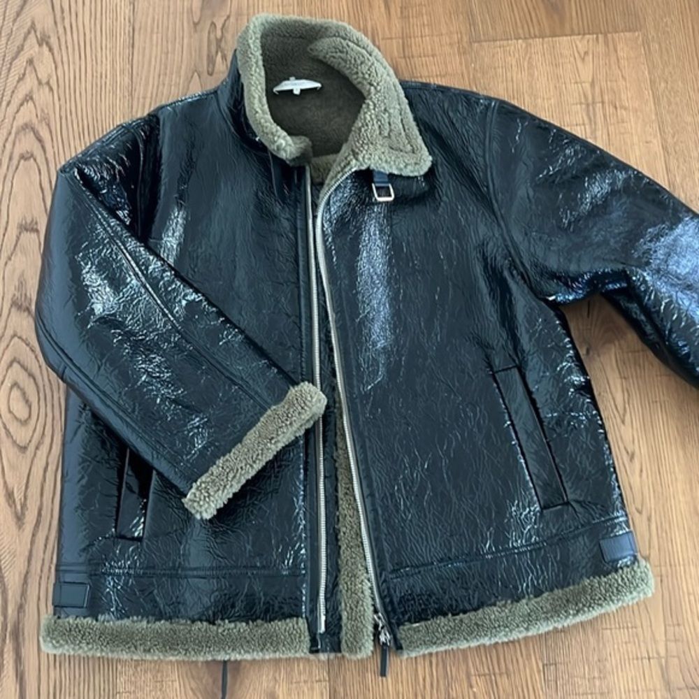 Lafayette 148 New York Genuine Shearling Lined Crinkle Lambskin Aviator Jacket